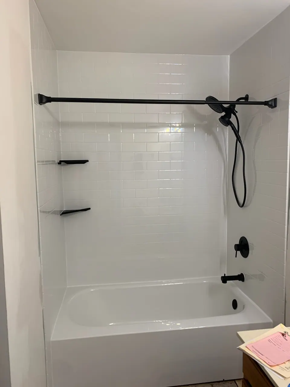 Finished tub and shower with a solid-surface surround, an Excel install in Chicagoland's south suburbs