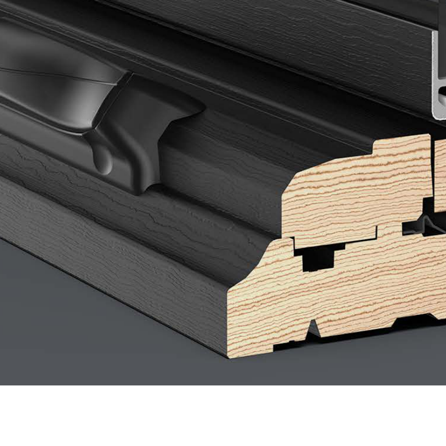 Pella Lifestyle aluminum-clad over solid-wood frame corner — cutaway detail