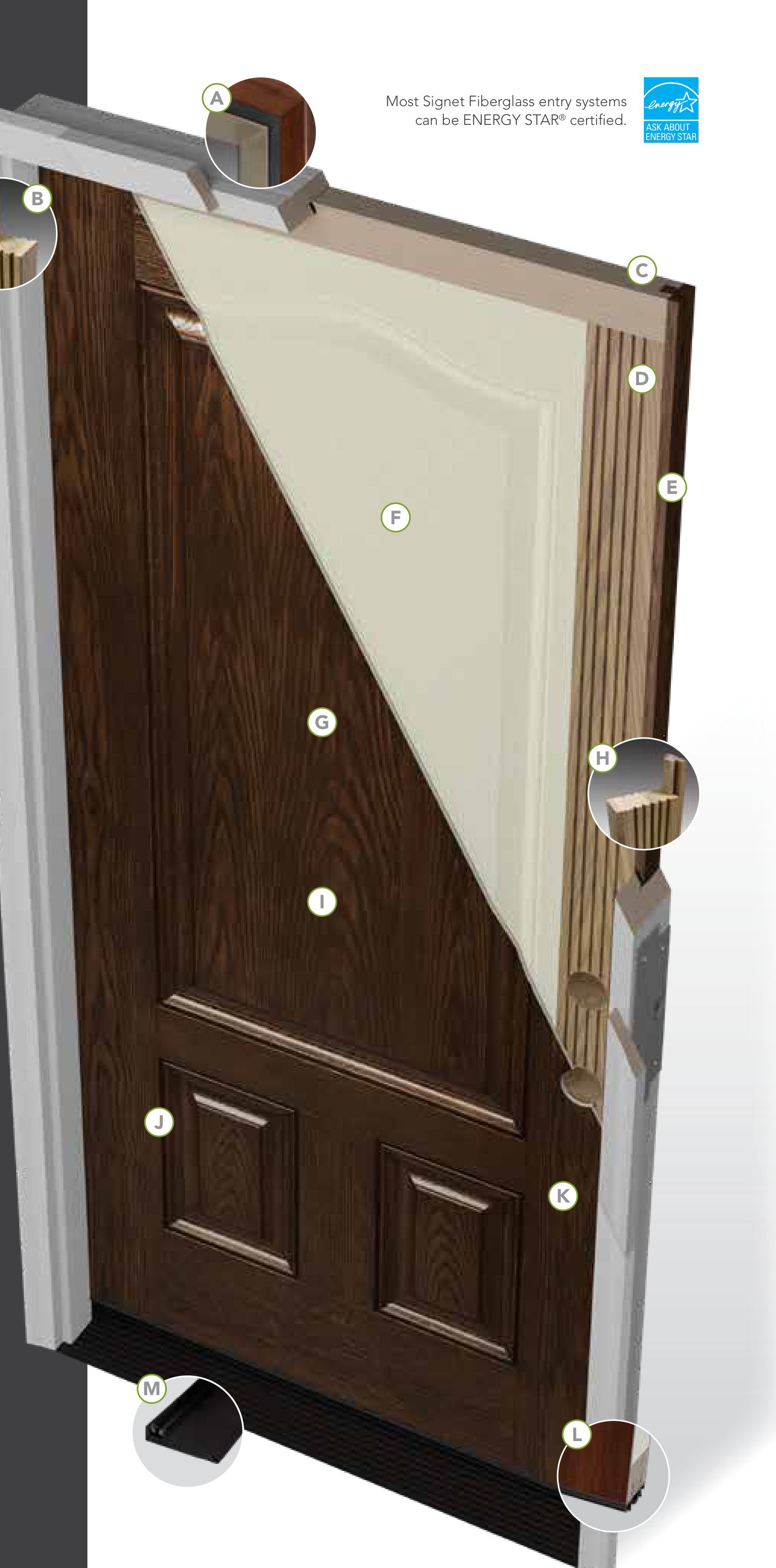 ProVia Signet fiberglass entry door construction — cutaway detail
