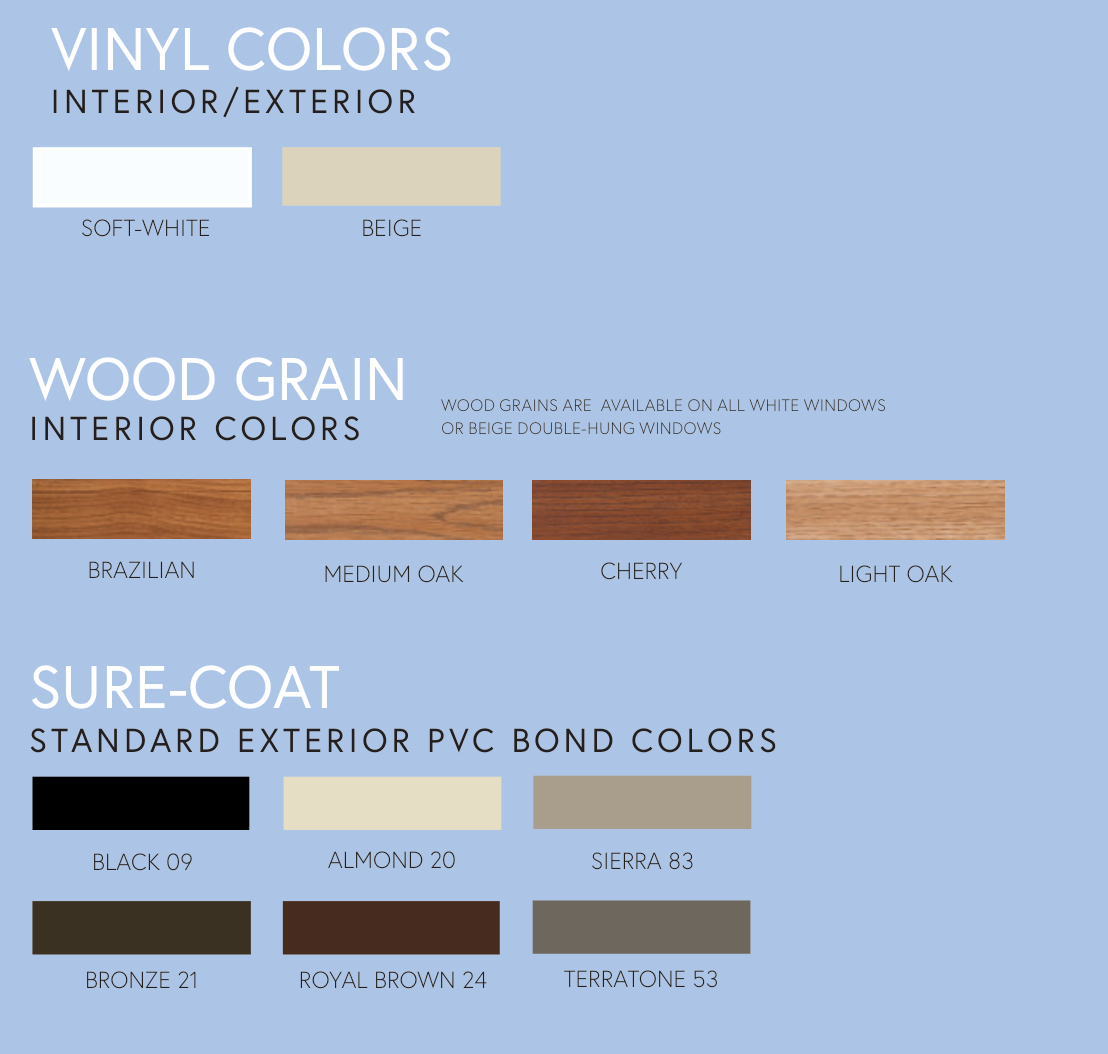 Classic Plus finishes — vinyl colours, woodgrain interiors and Sure-Coat exterior colour swatches